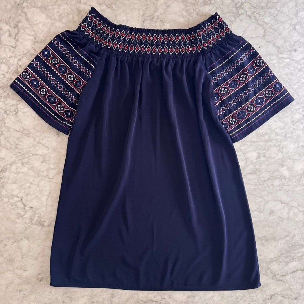 Tribal Jeans Women’s Large Navy Embroidered Boho Peasant Top Off Shoulder Blouse